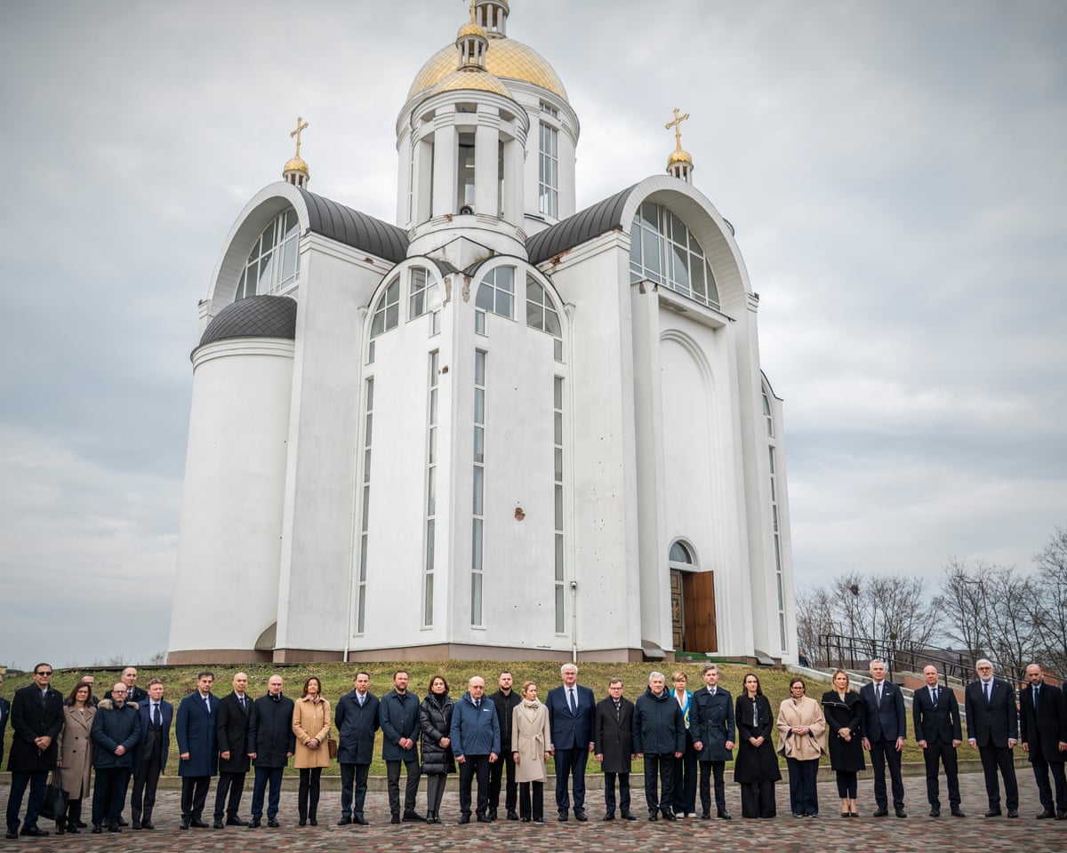 Ukrainian foreign minister Andrii Sybiha, EU top diplomat Kaja Kallas and other EU officials attending a candle-lighting ceremony to commemorate the fourth anniversary of the Bucha massacre discovery, in Bucha, near Kyiv, Ukraine.