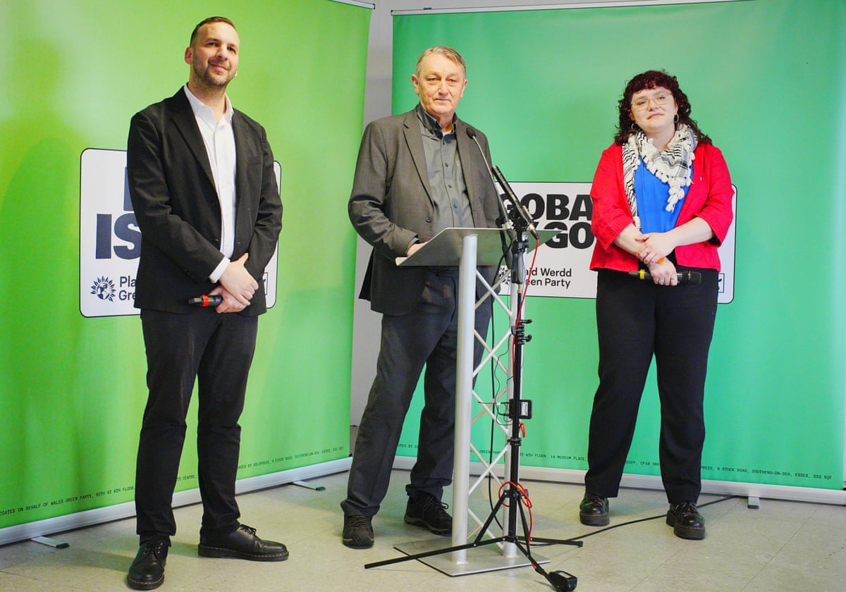 Left to right: Green Party leader Zack Polanski, Wales Green Party leader Anthony Slaughter and Senedd candidate Tessa Marshall at the launch of the Wales Green Party election campaign at West Canal Wharf in Cardiff.