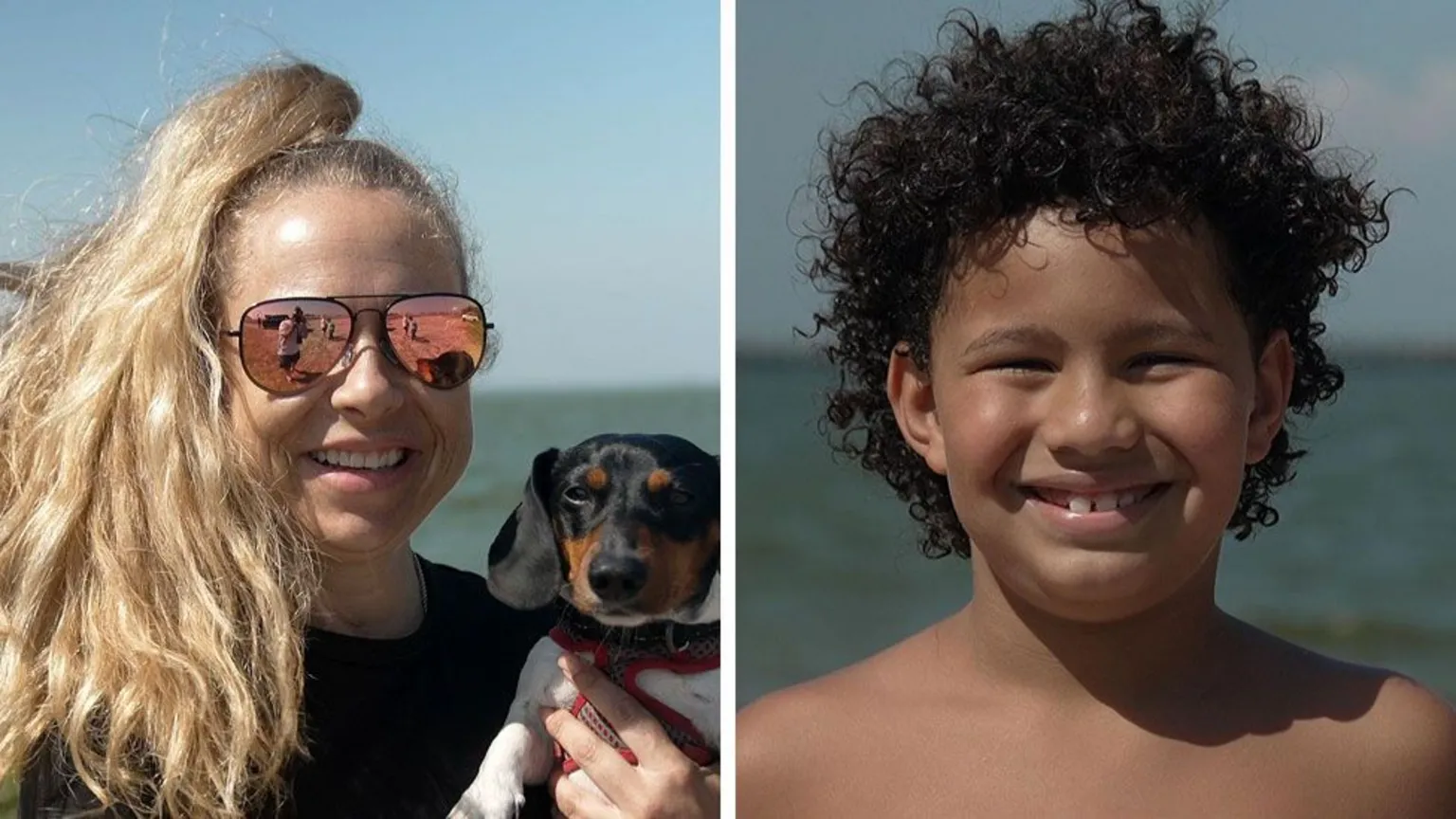 Kevin Church/ Split screen showing a woman holding a small dog, and a young man with the beach behind him.