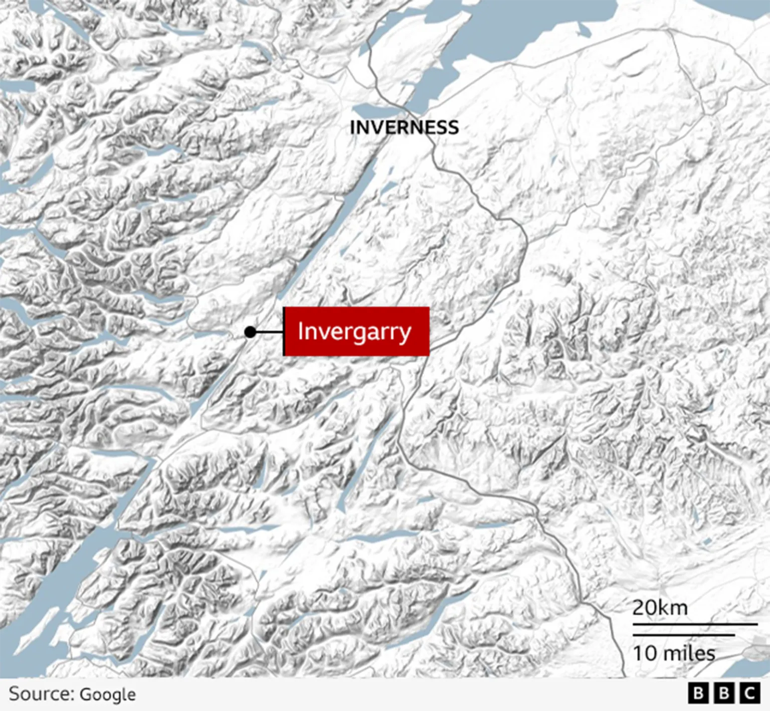 A map of the Highlands showing the locations of Inverness and Invergarry.