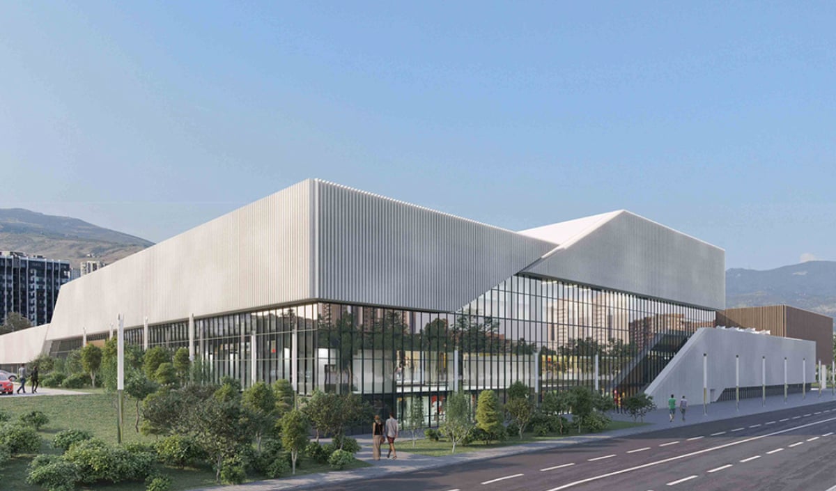An illustration of a sleek white walled and glass fronted shopping centre