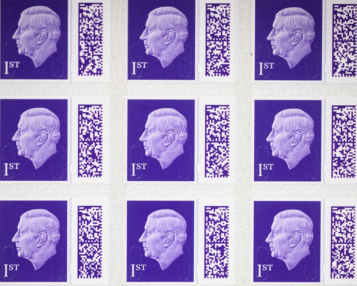 A sheet of the new first-class stamps featuring a likeness of King Charles III