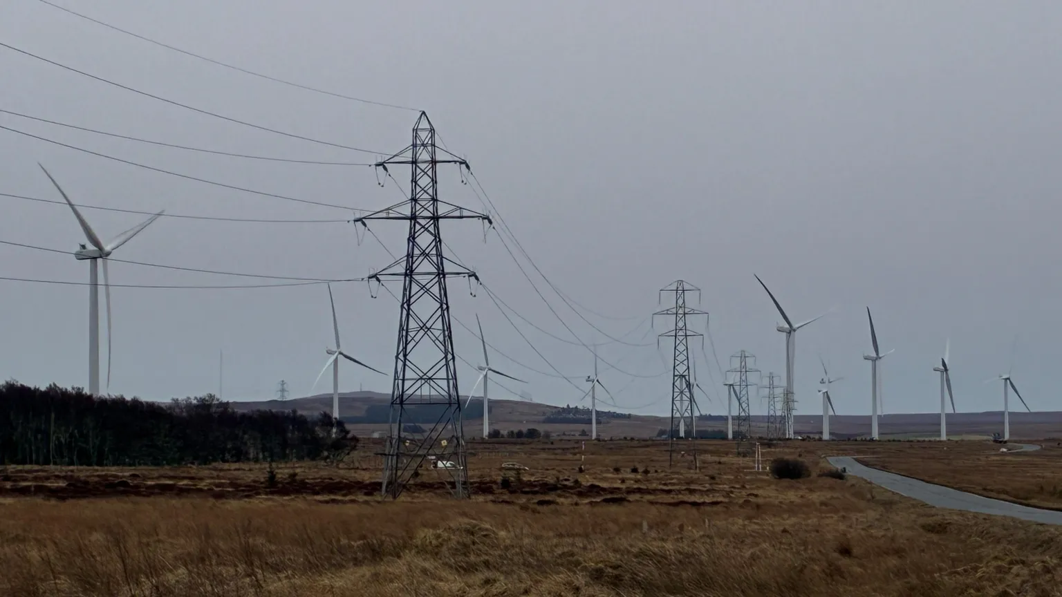 Electricity pylons and power lines stretch across an open moorland landscape, with numerous wind turbines turning in the background under an overcast sky.