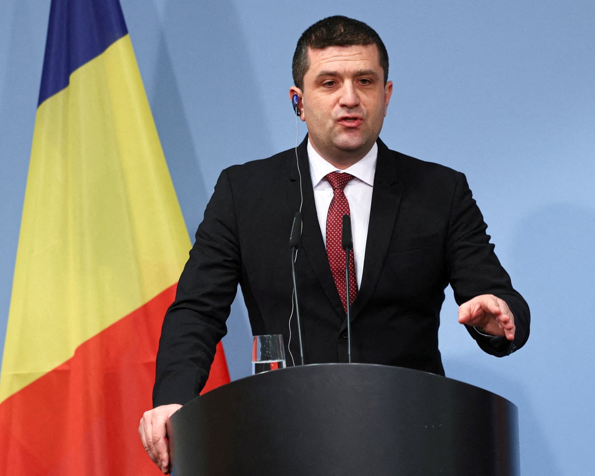 Romanian defence minister Radu-Dinel Miruță speaks during a press conference in Berlin, Germany.