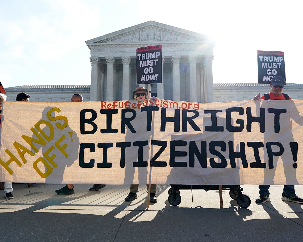 People demonstrate outside the US supreme court ahead of oral arguments in Trump v Barbara, to determine if President Trump’s executive order ending birthright citizenship is constitutional, 1 April 2026.