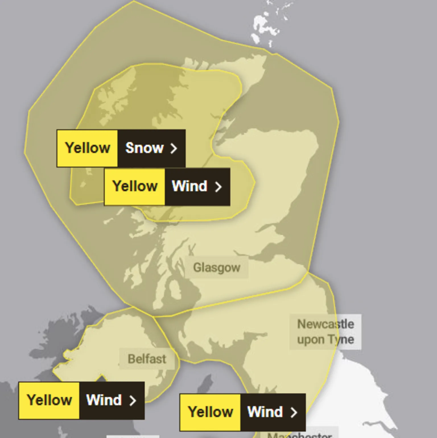 Met Office A Met Office map showing Scotland, Northern Ireland and parts of England under yellow weather warnings.
