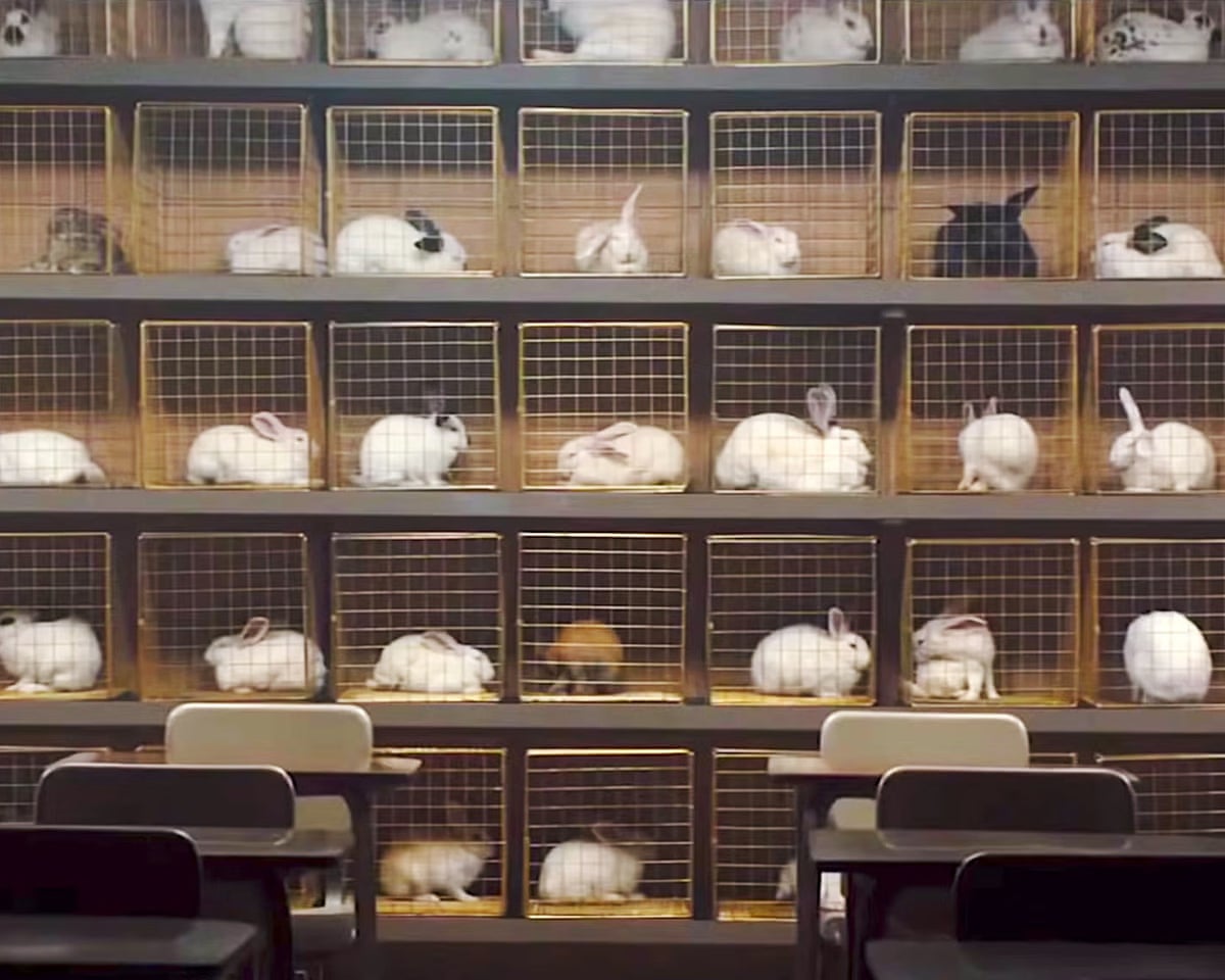 Caged rabbits as seen in Us.