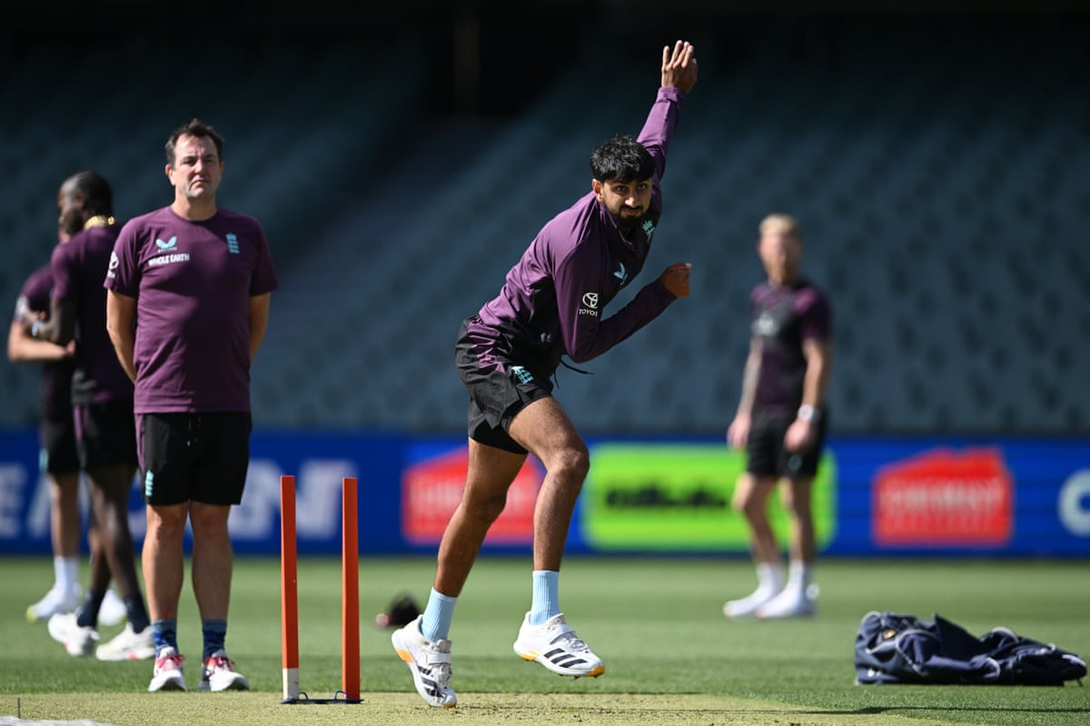 Shoaib Bashir bowling during an England nets session at Adelaide Oval in December 2025