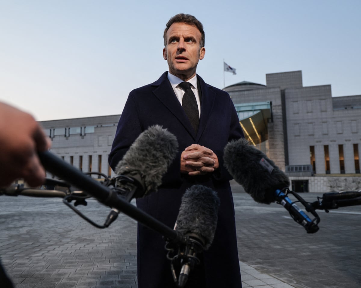 French president Emmanuel Macron speaks to the press during a visit at the War Memorial of Korea in Seoul.