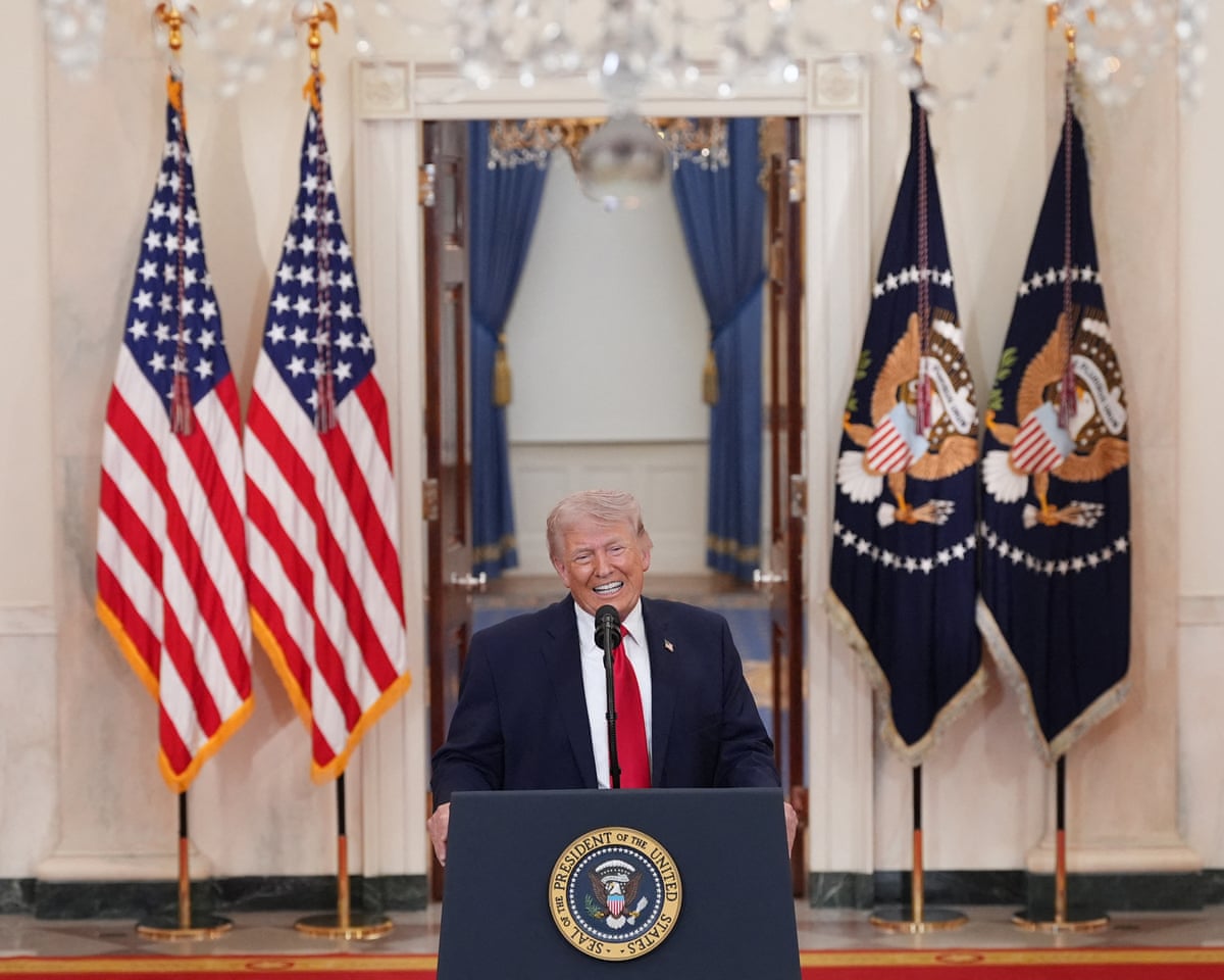 US president Donald Trump speaks during a televised address on the conflict in the Middle East from the Cross Hall of the White House in Washington DC.
