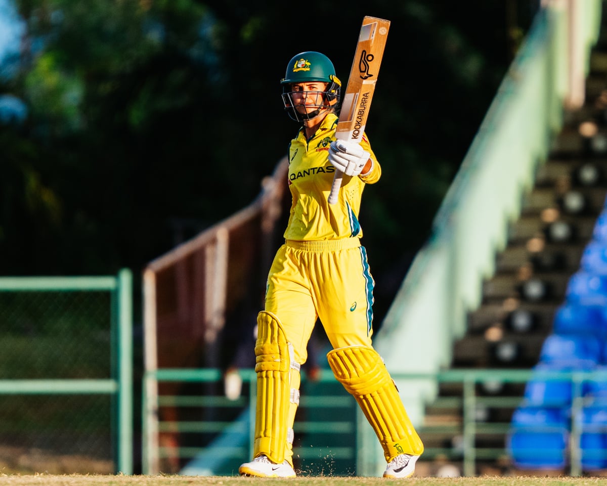 Phoebe Litchfield celebrates reaching a half-century during the third ODI between Australia and the West Indies in Saint Kitts and Nevis