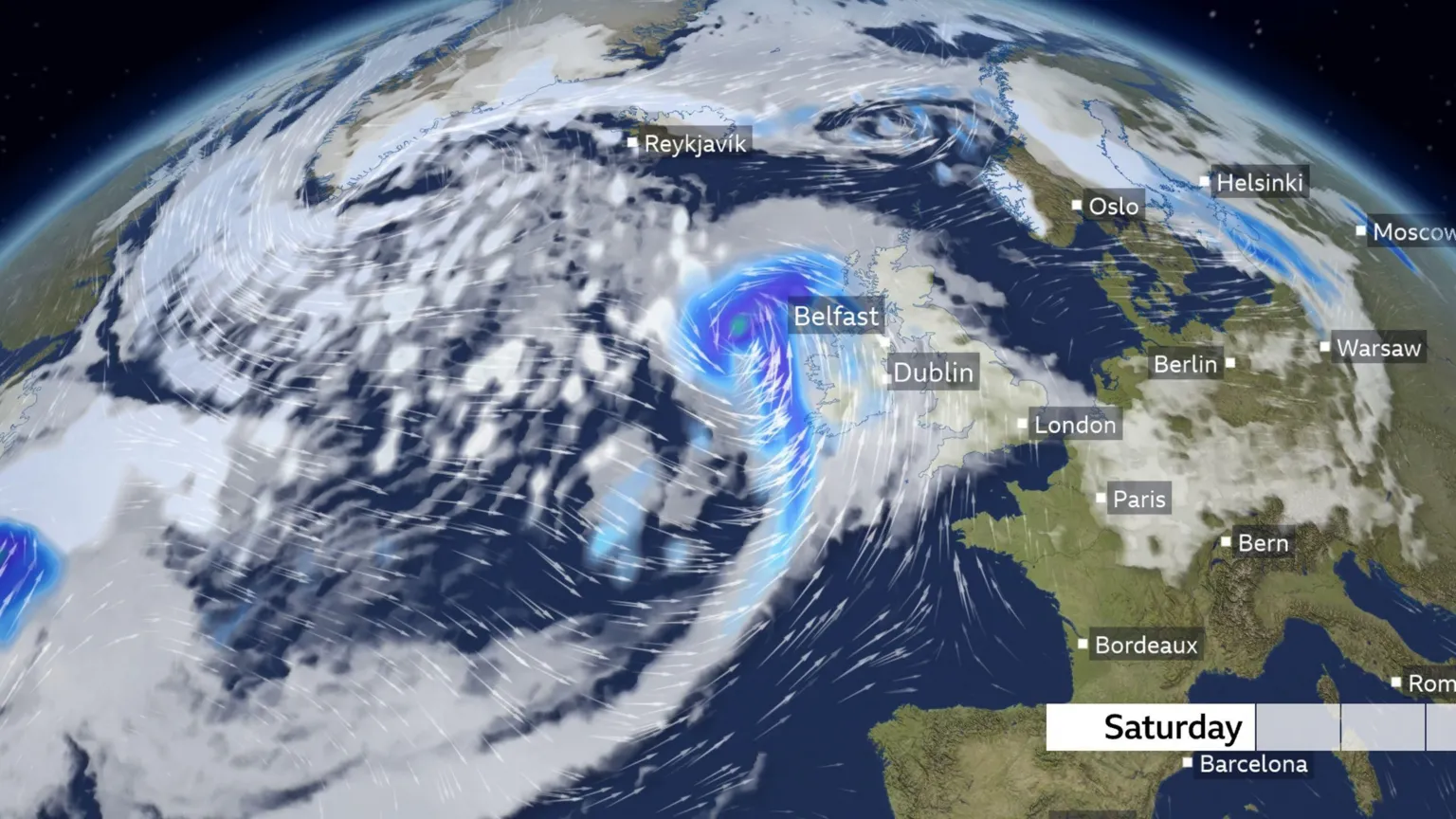 A graphic of north-west Europe. A number of cities are marked and named, including Dublin and Belfast. There is a large expanse of white over the Atlantic, the island of Ireland, and Britain. To the west of the island of Ireland is a blue and purple shape. There are dozens of white arrows pointing north and east.