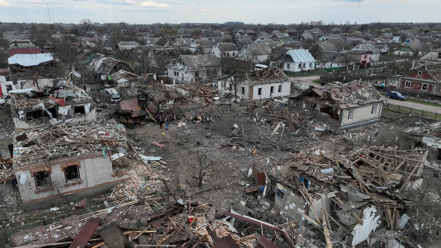  View of the town of Korosten in Zhytomyr region shows several rows of houses damaged in a missile strike