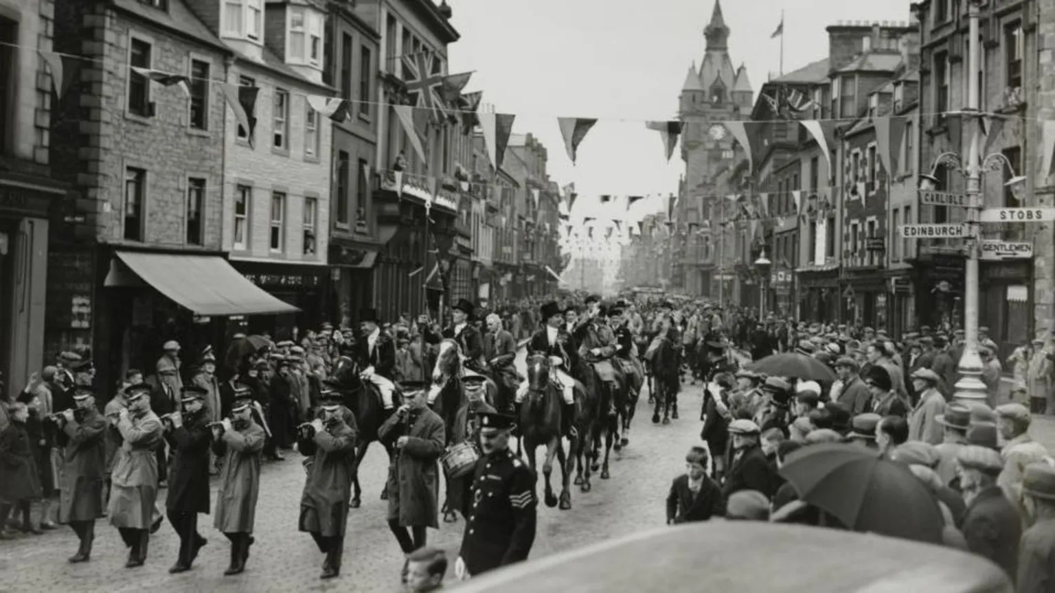  A black and white picture of Hawick common riding heading along the main street with a band leading a huge cavalcade with big crowds on both sides of the street