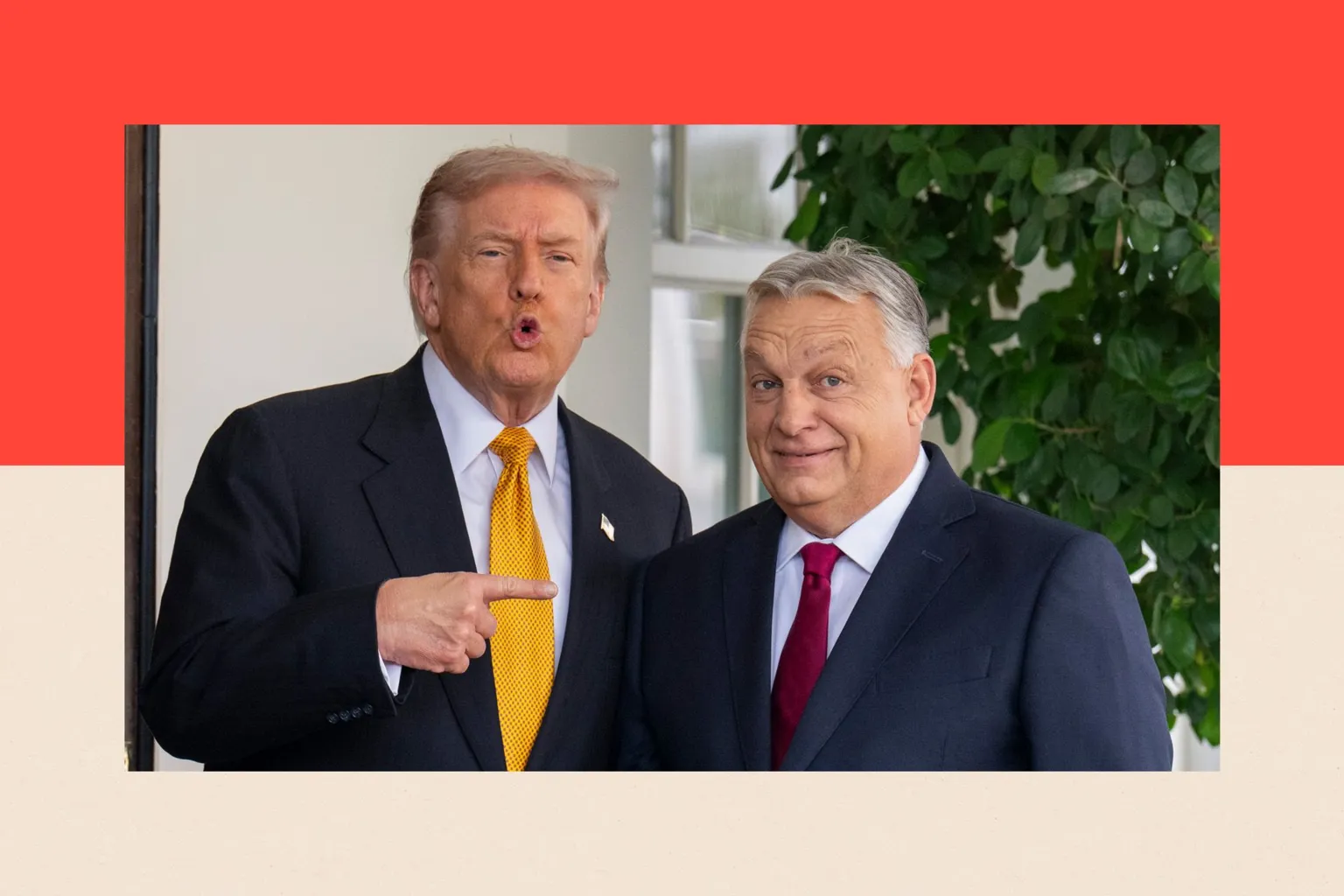  Donald Trump wears a dark blue suit and a yellow tie as he points at Viktor Orban, who is smiling. Orban is wearing a dark blue suit and a red tie