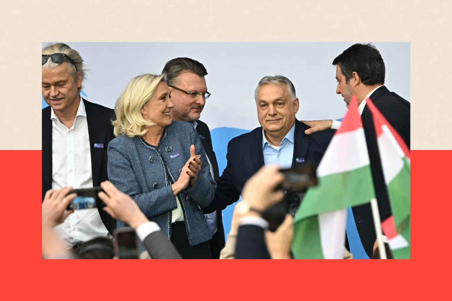 AFP via Viktor Orban (2nd R) is flanked by Deputy Prime Minister of Italy Matteo Salvini (R), former leader of the French far-right National Rally party Marine Le Pen (2nd L), former Deputy Prime Minister of Latvia Ainars Slesers (3rd L) and Leader of the Party for Freedom Dutch Geert Wilders (L) 