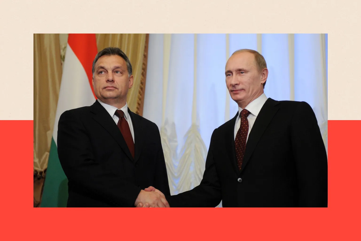 AFP via Viktor Orban and Vladimir Putin shake hands in front of the Hungarian flag. They both wear dark suits
