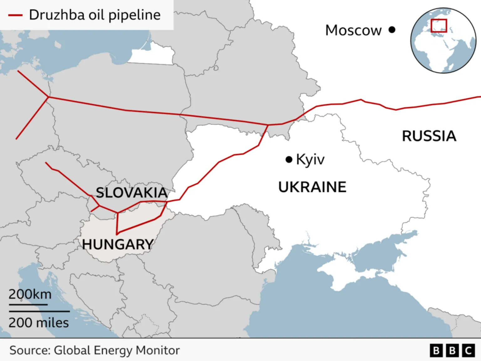 A map showing two strands of the Druzhba oil pipeline from Russia into Europe in red. One strand goes through Hungary into Ukraine before connecting to another strand going into Russia.