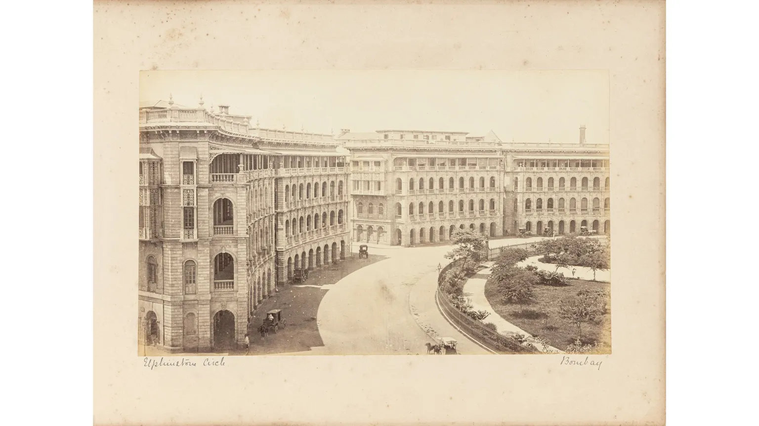 DAG An albumen print depicting Elphinstone Circle (now Horniman Circle), a key commercial and administrative precinct in late-nineteenth century Bombay. Produced by the Bourne & Shepherd studio. 