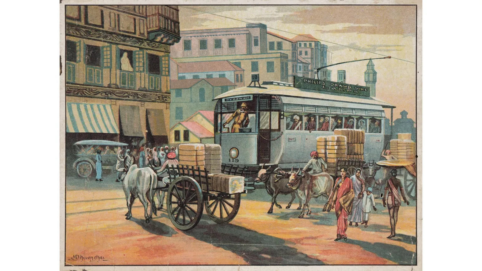 DAG This chromolithograph by M V Dhurandhar (1867–1944) shows a scene with a tram that once formed an integral part of Bombay's streetscape.