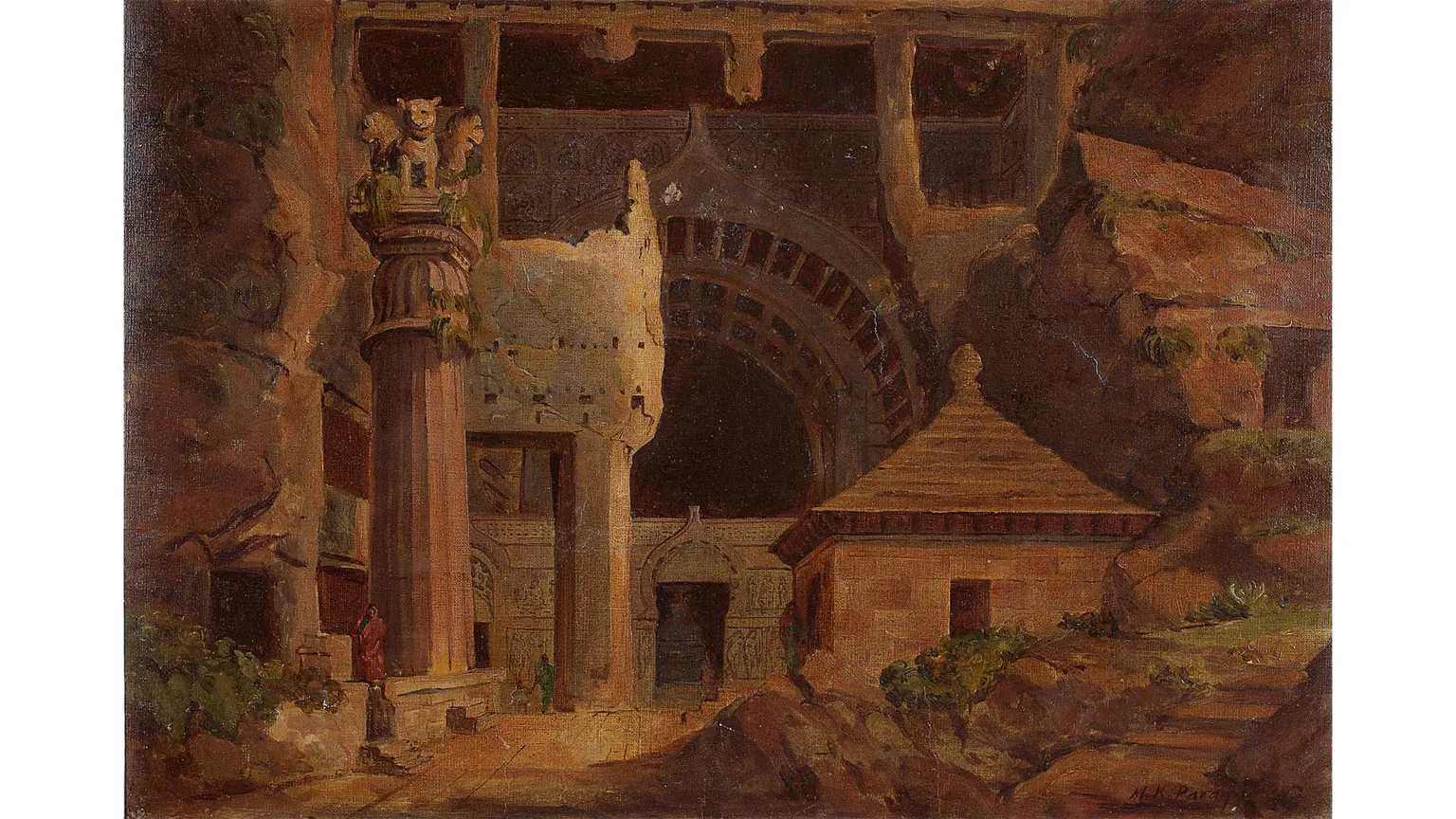 DAG A painting of the ancient rock-cut Karla caves. It reflects early nationalist interest in India’s architectural past. M.K. Parandekar (1877–1961). 