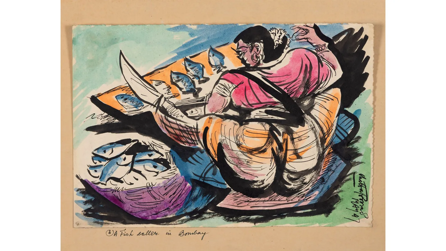 DAG Chittaprosad (1915–78): A Fish Seller in Bombay. A vibrant rendering of ink on paper laid on paper, 1947. 