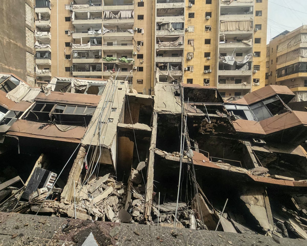 A collapsed building at the site of an overnight Israeli airstrike in the Haret Hreik neighbourhood of Beirut’s southern suburbs on Friday