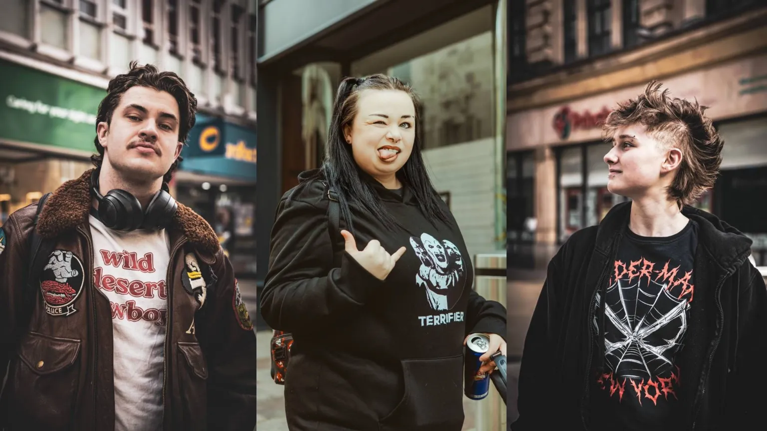 Tom Wilkins Collage of three street photographs. Left shows a young boy with a moustache and brown thick hair. He wears a brown aviator jacket which has badges on it and wears headphones around his neck. A white t-shirt reads 'wild desert'. The centre photograph shows a young girl doing a hang loose symbol with her left hand. She wears a black hoodie and has long black hair. The person on the right looks to the left hand side. They have a mullet and wear a black hoodie and black t-shirt. 