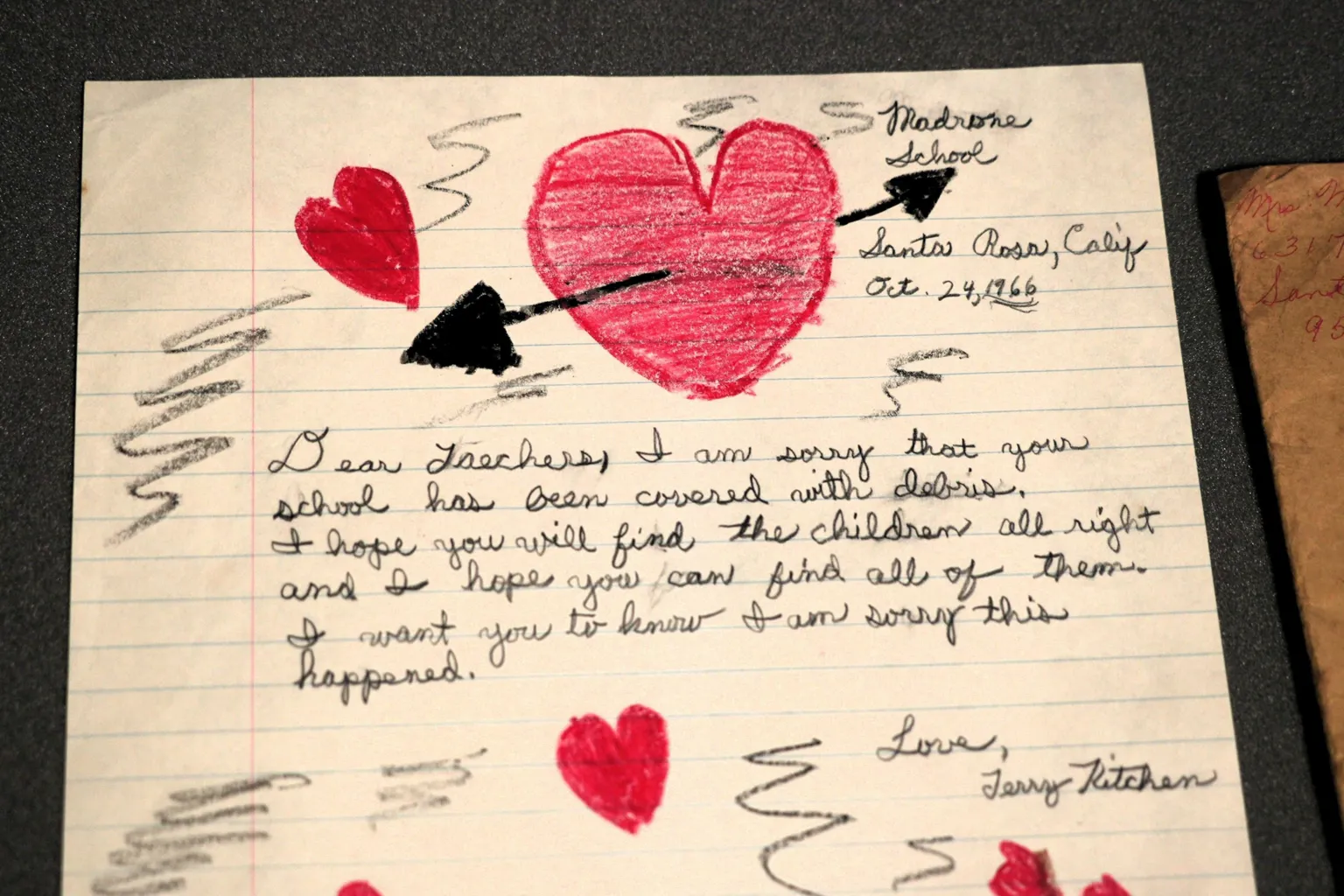 A child's handwritten letter, decorated with hearts drawn in red crayon. The text is neatly written by a child, expressing sorrow at the disaster in Aberfan and their hope that the children will be found. It is dated October 24 1966 and is sent by a child called Jenny from Madron School, Santa Rosa, California.