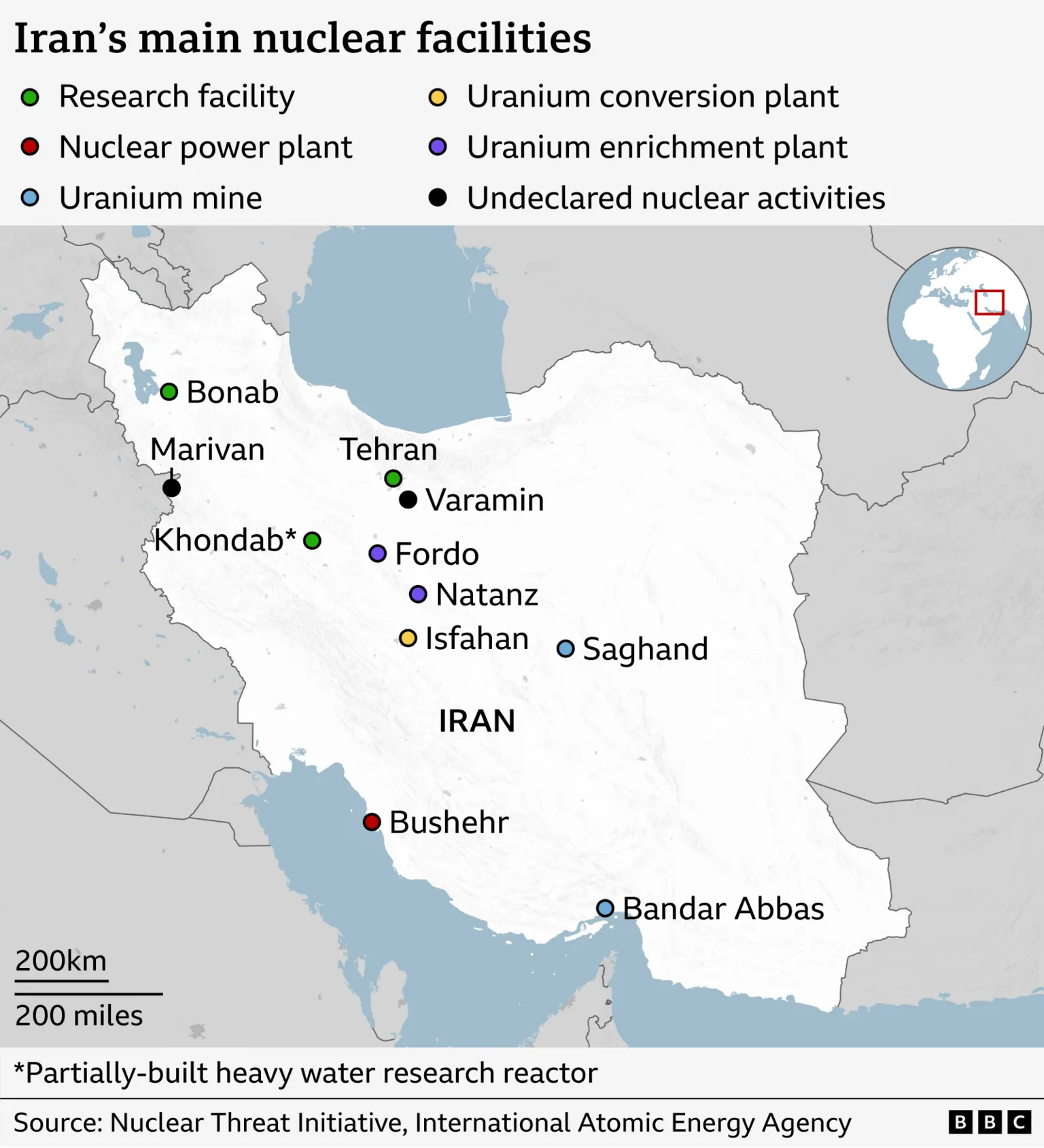 Map showing Iran's main nuclear sites