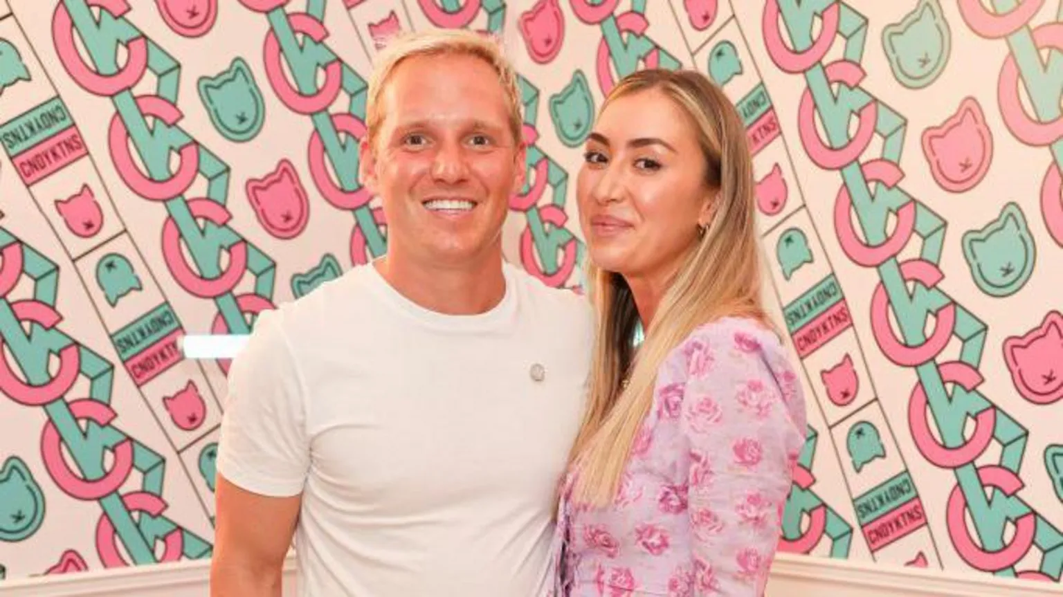 Jamie Laing and Sophie Habboo attend the ten years celebration of gourmet sweets by Candy Kittens at White Rabbit Dereham Place on July 29, 2022 in London, England.