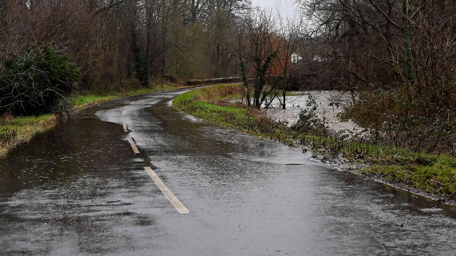 Pacemaker A flooded country road with standing water and nearby river overflowing into surrounding trees.