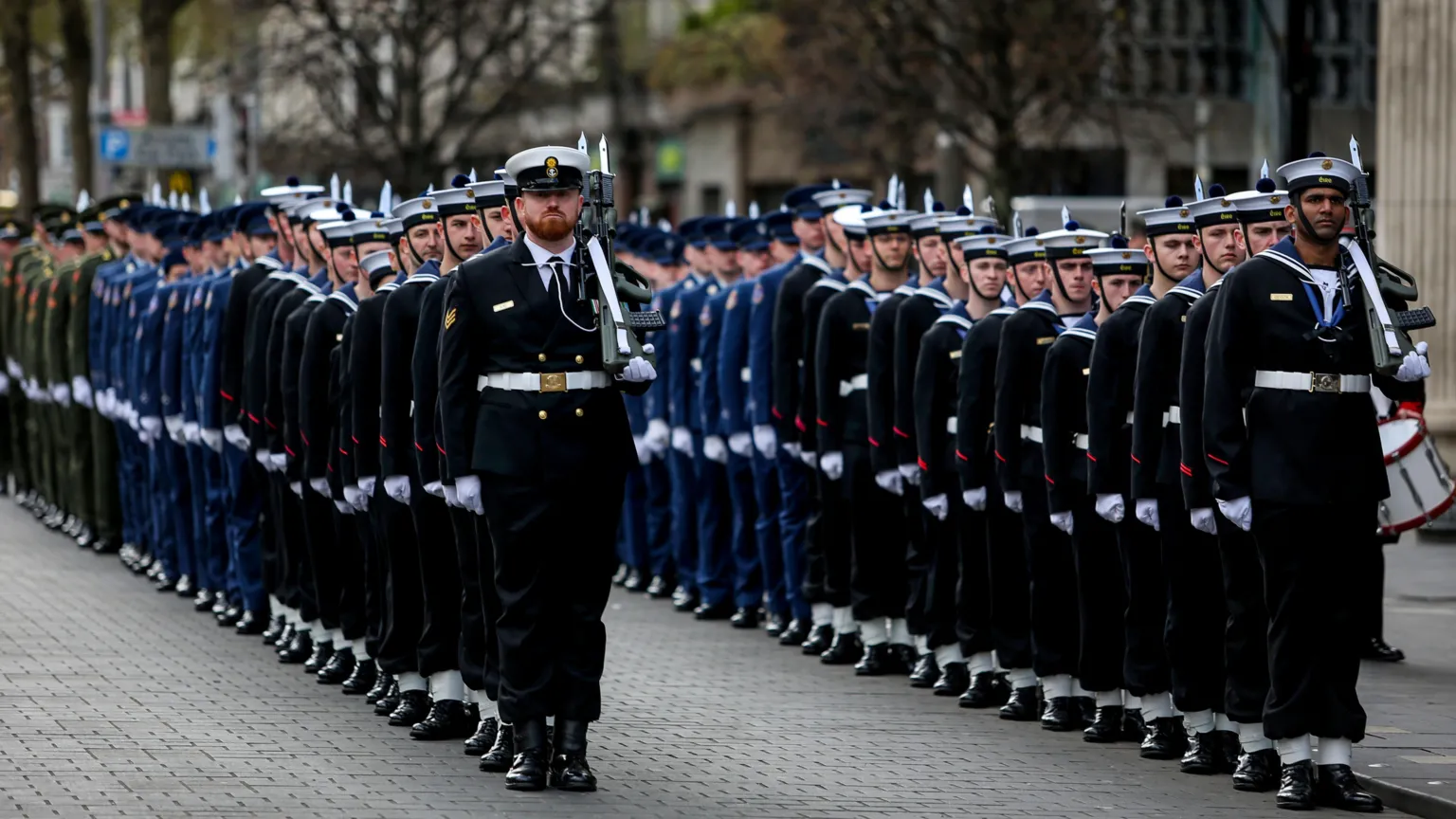 Irish Defence Forces in single file line in two rows