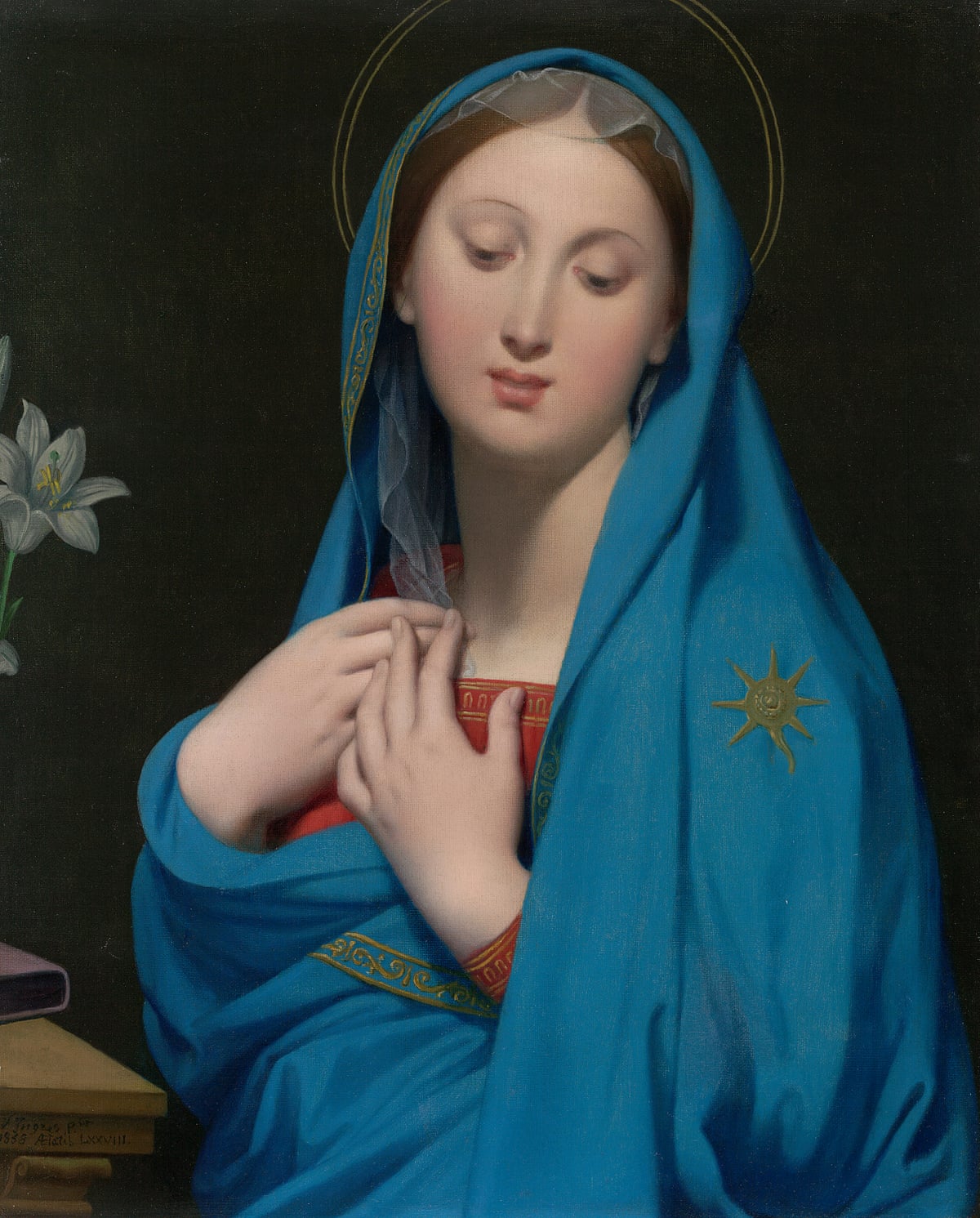 Mary in a blue headscarf and halo