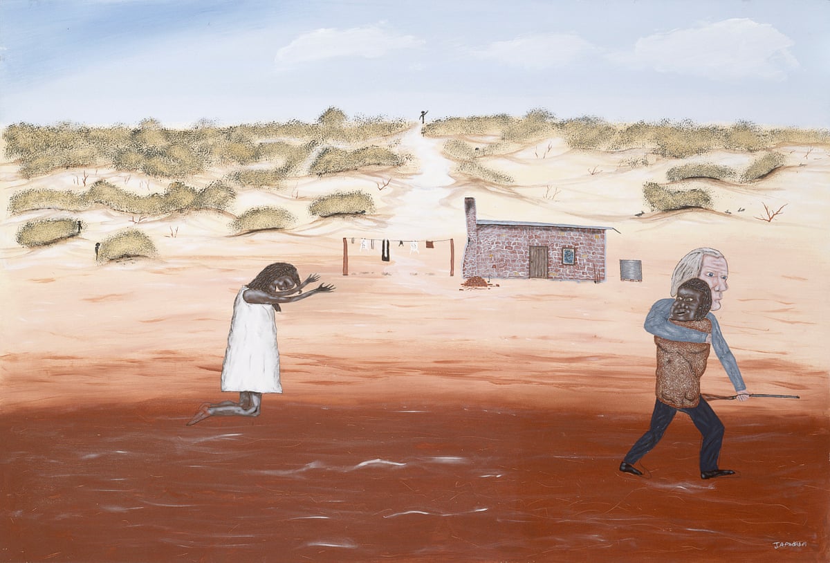 A white man taking an Aboriginal child from a grieving mother