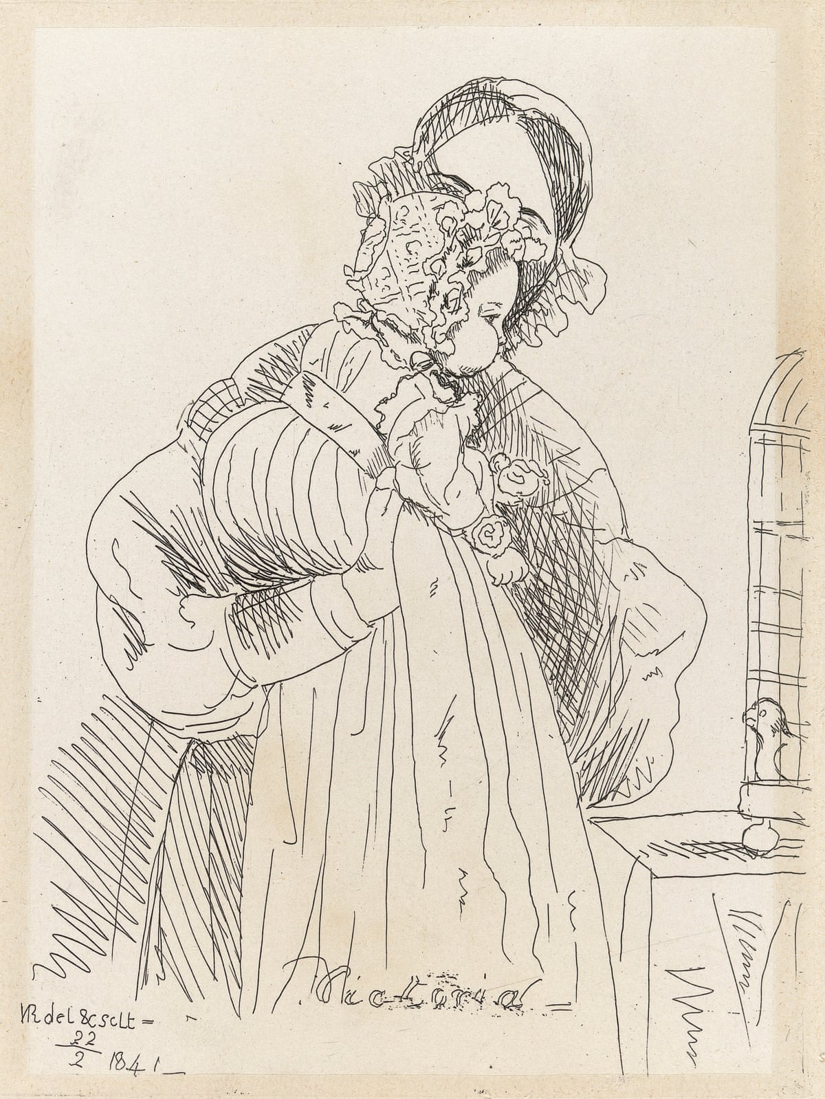 An infant in a bonnet and long gown in the arms of a nurse