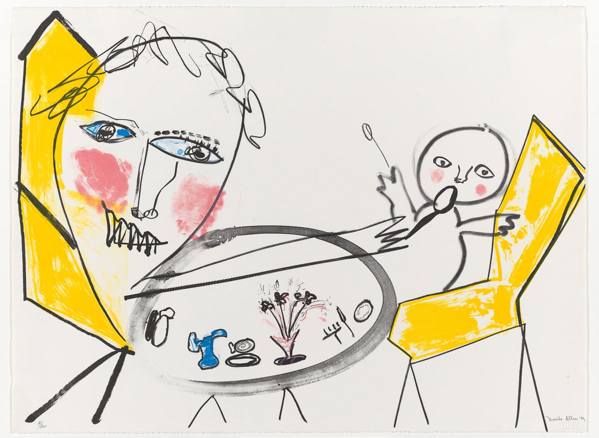 A mother reaching across the table to her toddler