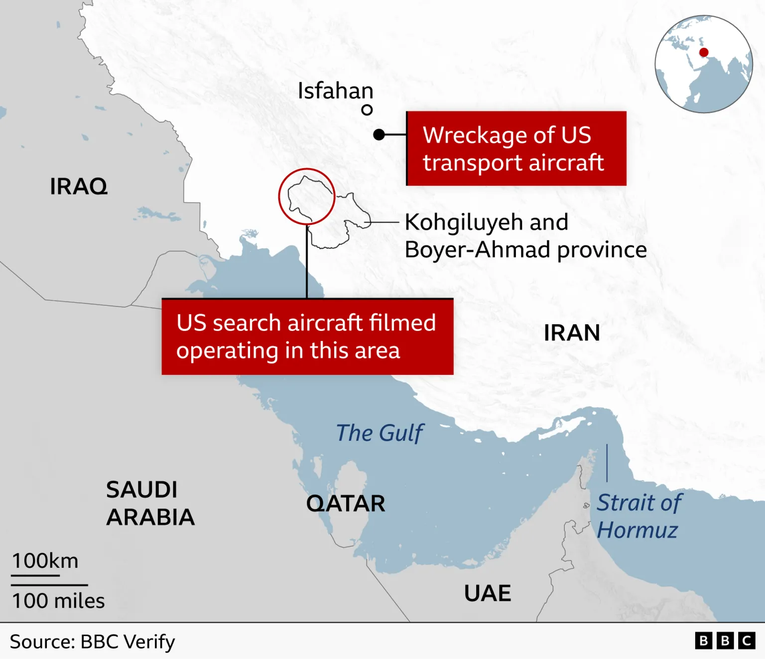 A map showing western and southern Iran, the Gulf, and neighbouring countries. A red label near the city of Isfahan marks the “Wreckage of US transport aircraft”. Another red label further south marks the area where “US search aircraft filmed operating” pointing to a location around the Kohgiluyeh and Boyer‑Ahmad province and Khuzestan province. Surrounding countries labelled include Iraq to the west, Saudi Arabia to the southwest, and Qatar, the UAE and Oman to the south of Iran.