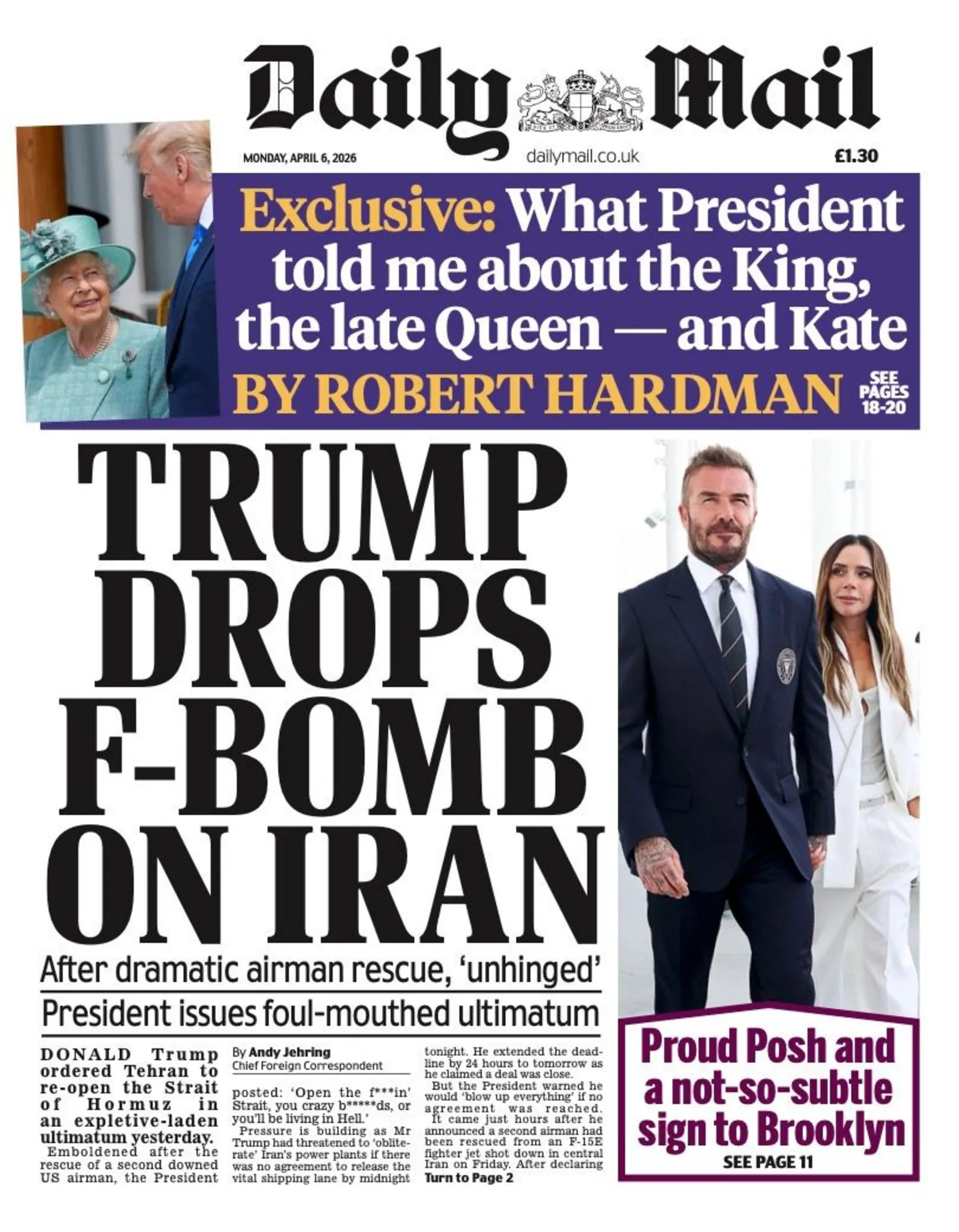 The headline on the front page of the Daily Mail reads: “Trump drops f-bomb on Iran”.