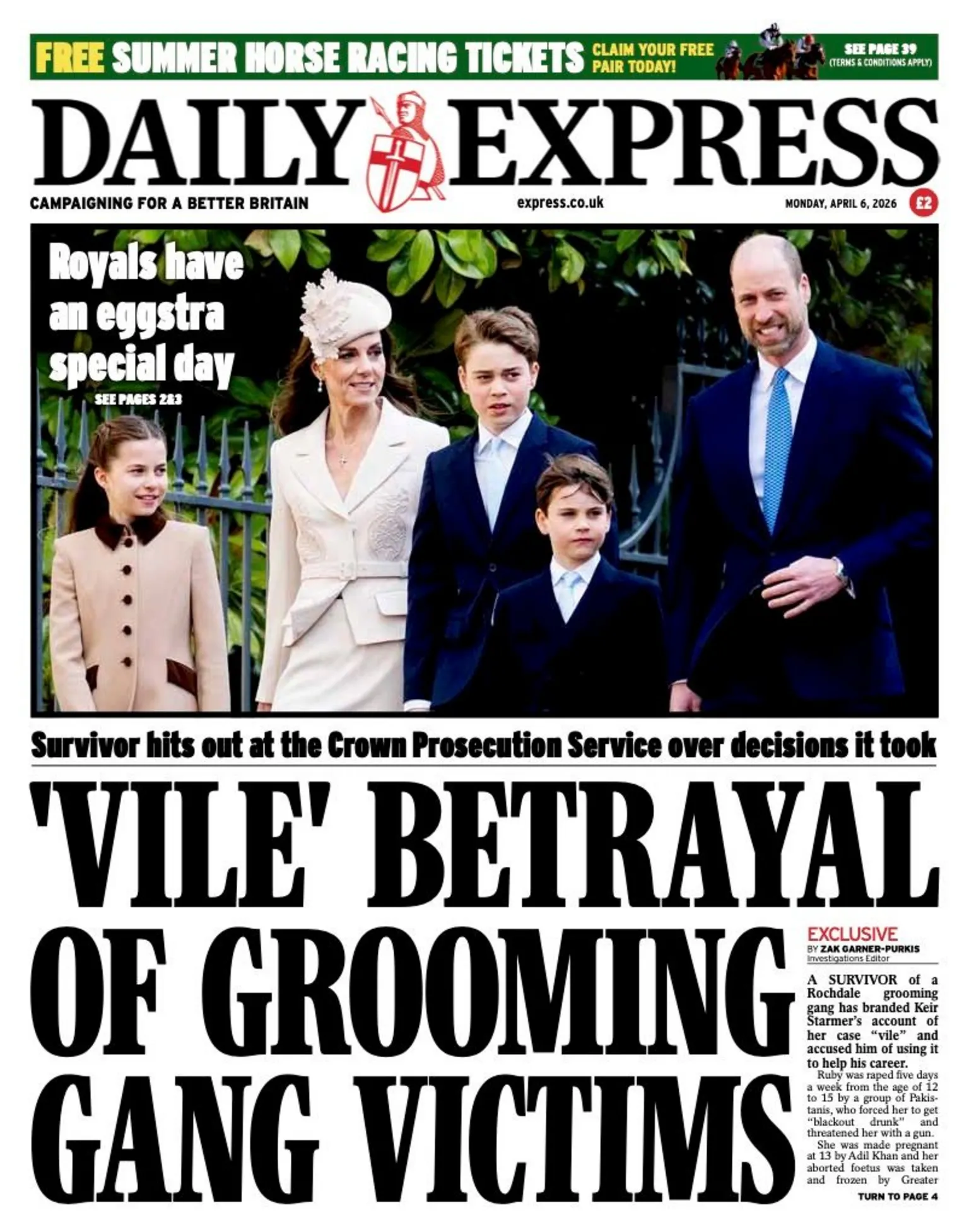 The headline on the front page of the Daily Express reads: “'Vile' betrayal of grooming gang victims”.