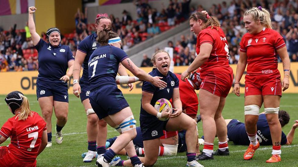 Leia Brebner-Holden of Scotland celebrates scoring her team's third try during the Women's Rugby World Cup 2025 Pool B match between Scotland and Wales