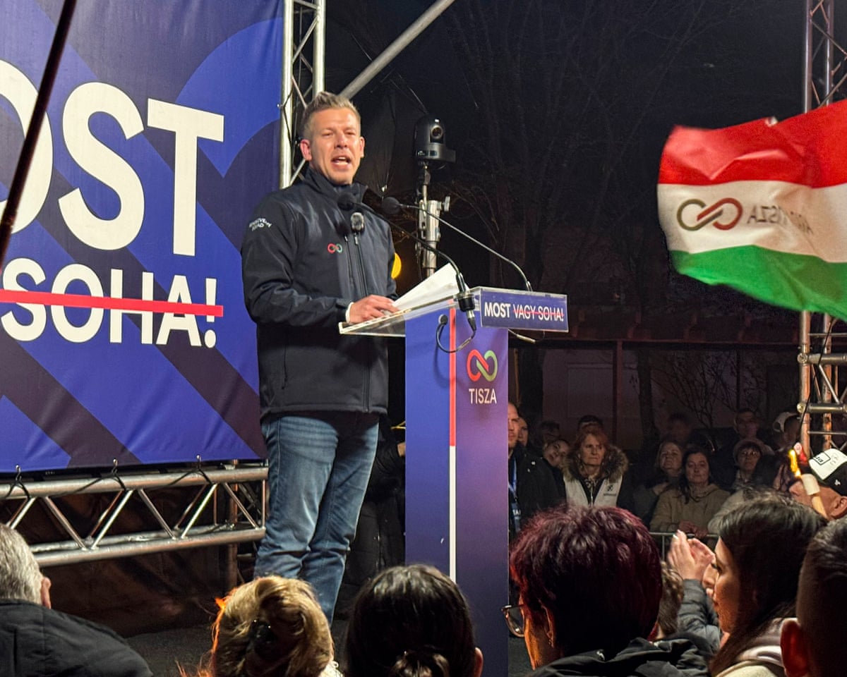 Hungarian opposition leader Péter Magyar addresses people during an election rally in Kiskunhalas, Hungary.