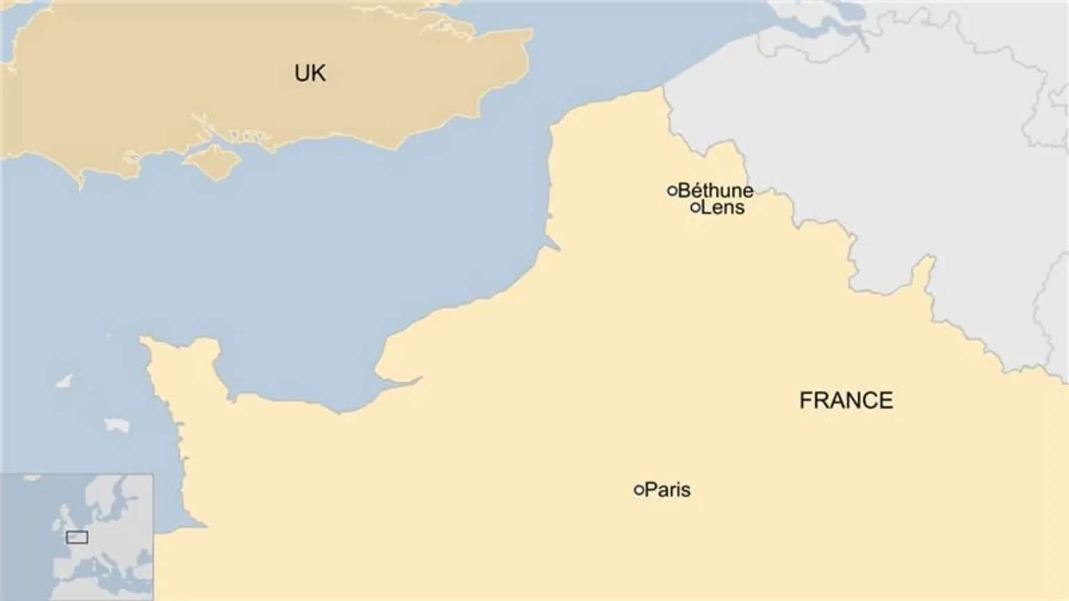 A map showing the location of Bethune, Lens and Paris within France. With the UK also labelled.