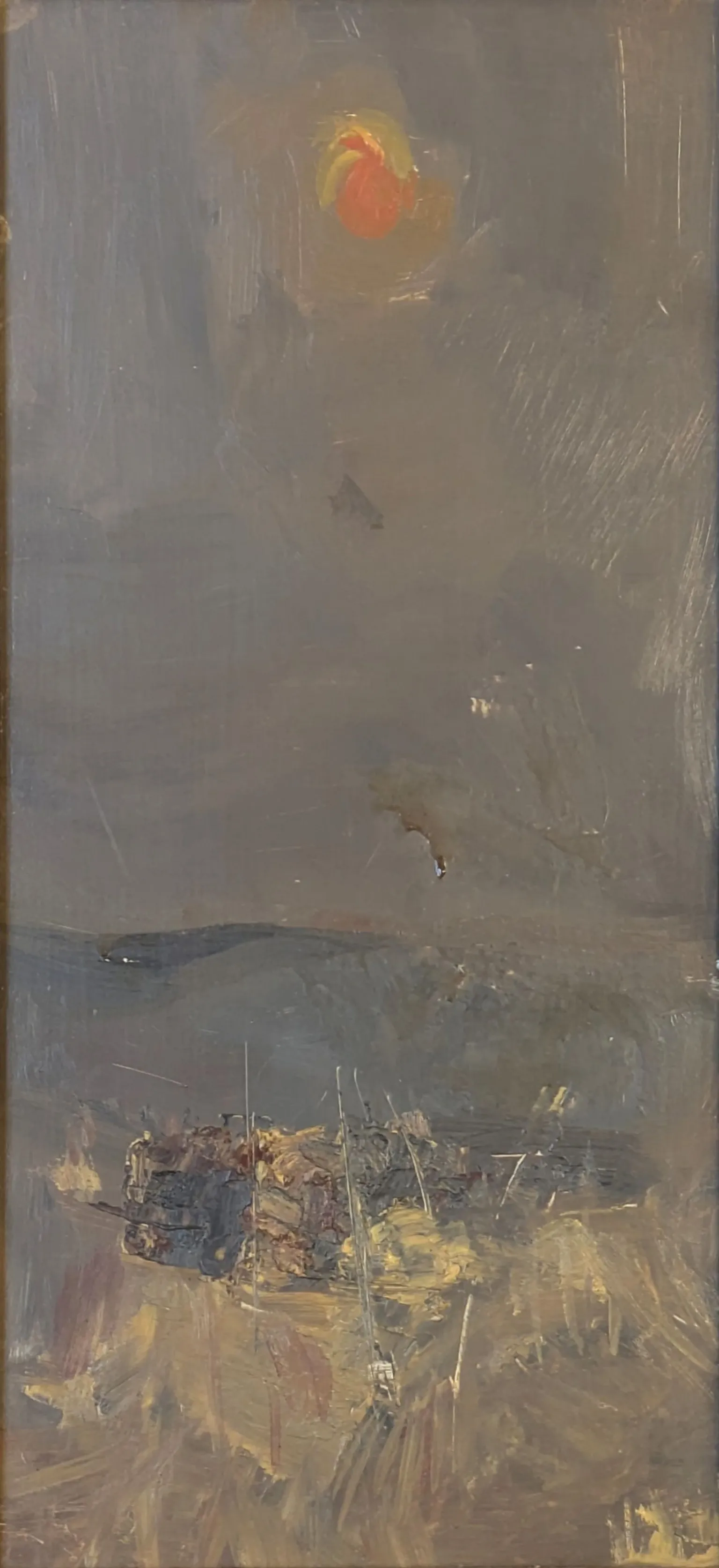 The estate of Joan Eardley courtesy of The Scottish Gallery Muted, atmospheric landscape painting with a hazy grey sky and a glowing red-yellow sun near the top. Loose, expressive brushstrokes suggest a low horizon with rough grasses or scrub in the foreground and distant land fading into mist.