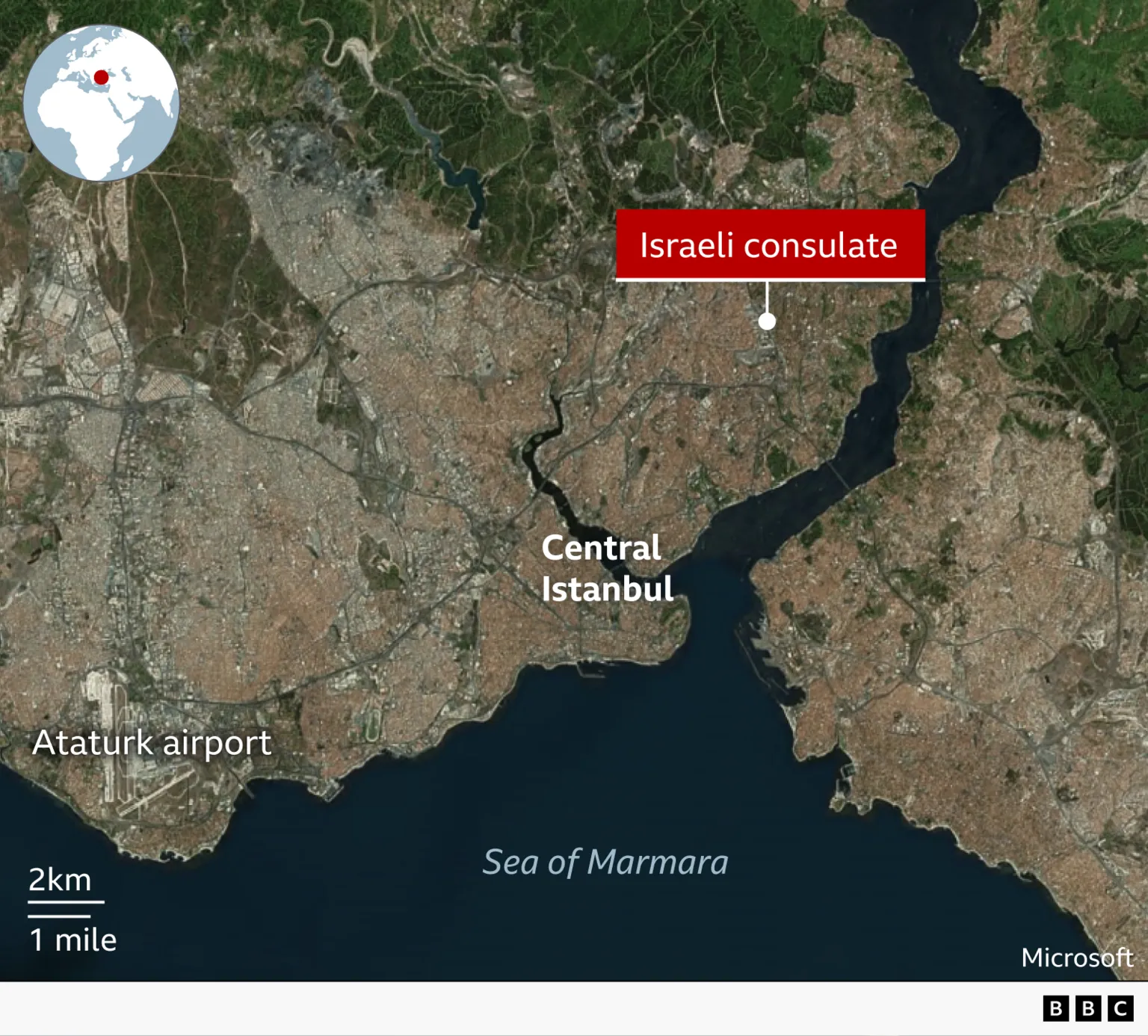 Satellite map of Istanbul showing the location of the Israeli consulate in the north of the European side of the city, marked with a red label. The map also labels Istanbul city centre, Ataturk Airport to the southwest, and the Sea of Marmara to the south. A small inset globe in the top left shows Turkey’s position in the world between Asia and Europe.