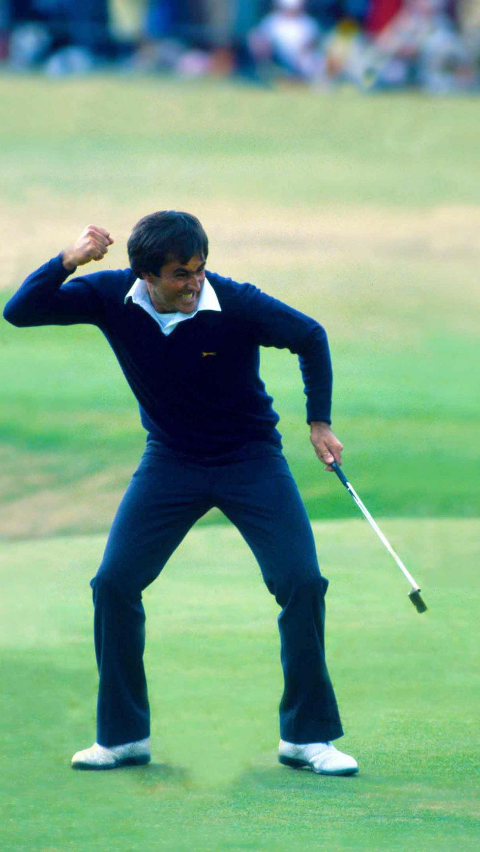 Seve Ballesteros celebrates winning the 1984 Open Championship at St Andrews