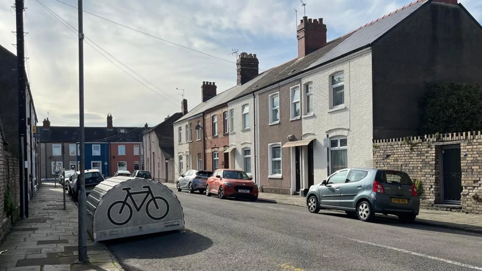 Eva Marloes One of the first bike hangars to appear in Cardiff, in a terraced street, with an image of a bike at the front of it.