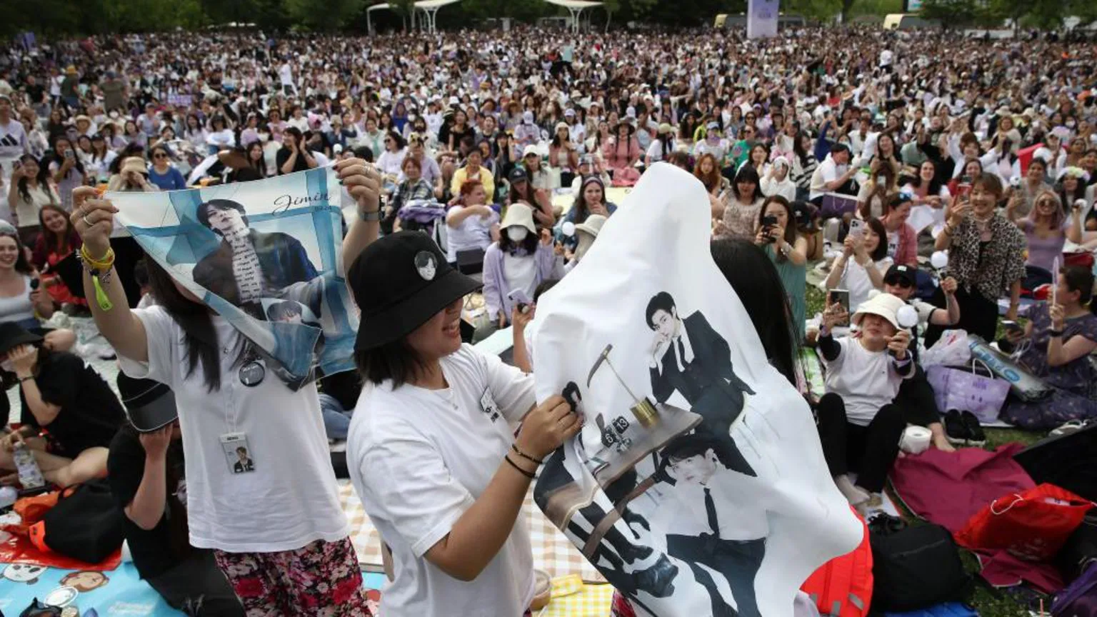  Fans of K-pop boy band BTS gather at the Yeouido park during the 'BTS Festa', marking 10 years since the formation of K-pop group BTS, on June 17, 2023 in Seoul, South Korea. 