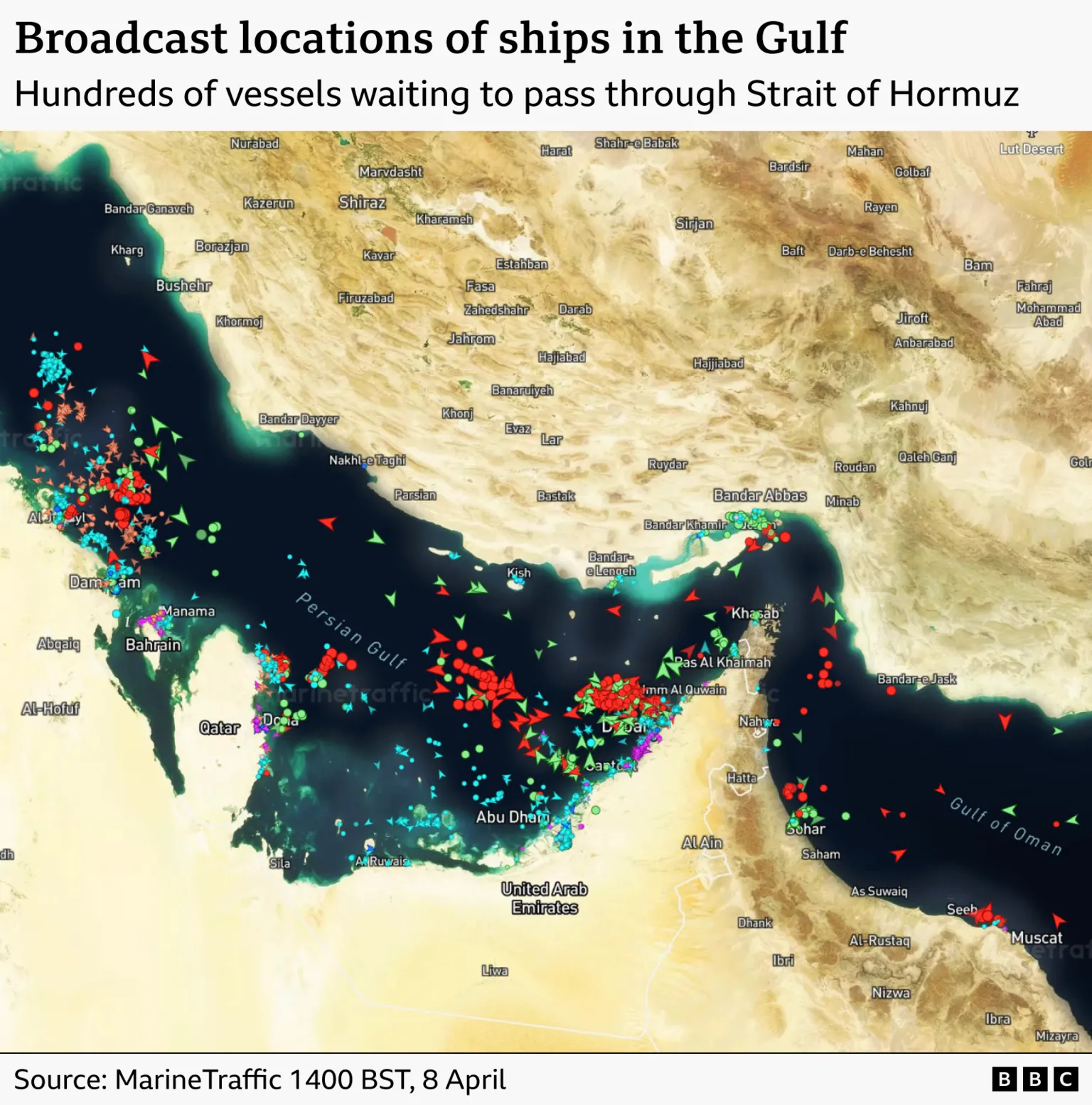 A satellite image of the Strait of Hormuz with ships marked with arrows. It shows hundreds of ships clustered by the strait waiting to pass. It is timestamped to 14:00BST on 8 April