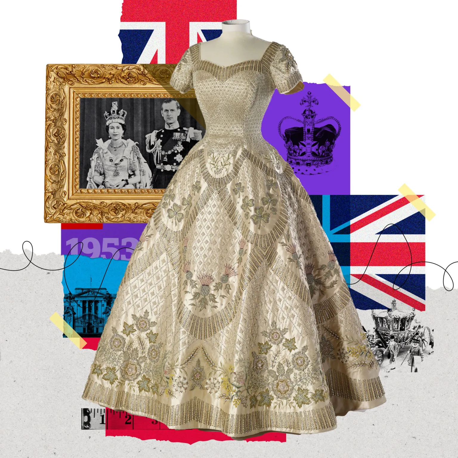 Queen Fashion illustration - includes image of the Queen's golden embroidered Coronation dress, which features short sleeves and a voluminous full-length skirt, pictured on a mannequin in a studio